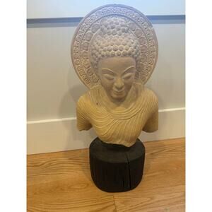 Heavy Hand Carved Stone Buddha Sculpture on Dark Wood Base JM